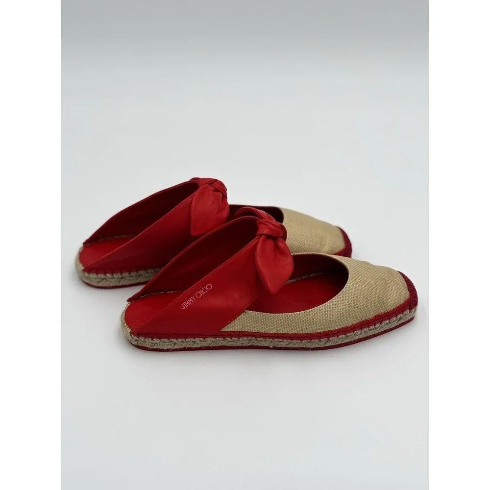 Jimmy Choo Reka Red Leather Bow and Raffia espadrille Slides EU 37 Made In Spain